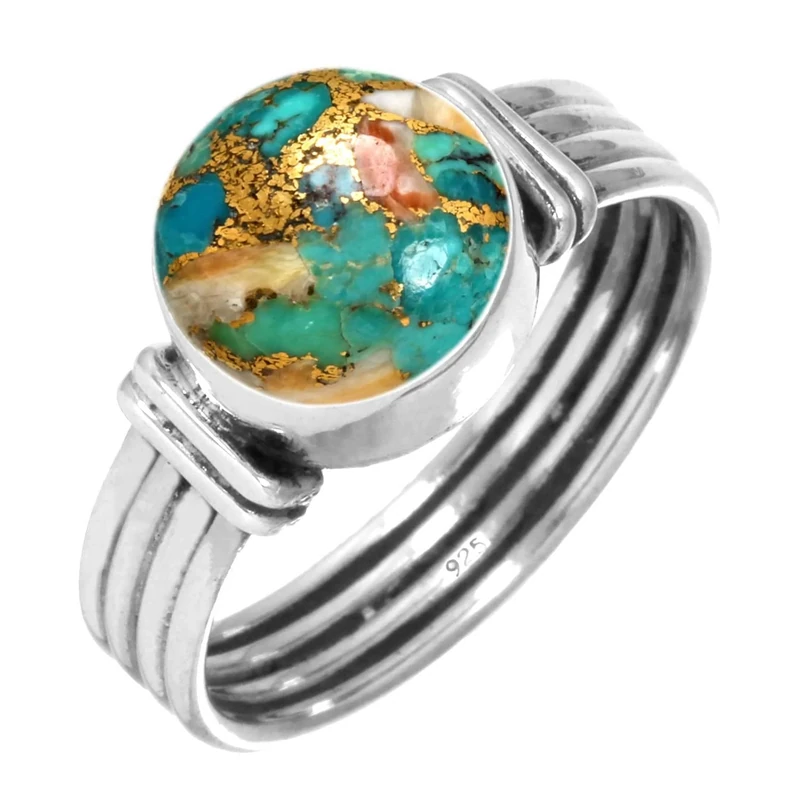 Jeweloporium Multicolor Spiny Oyster Silver Ring Size J 1/2, 925 Sterling Silver Ring for Women, Natural Round Gemstone Handmade Jewellery