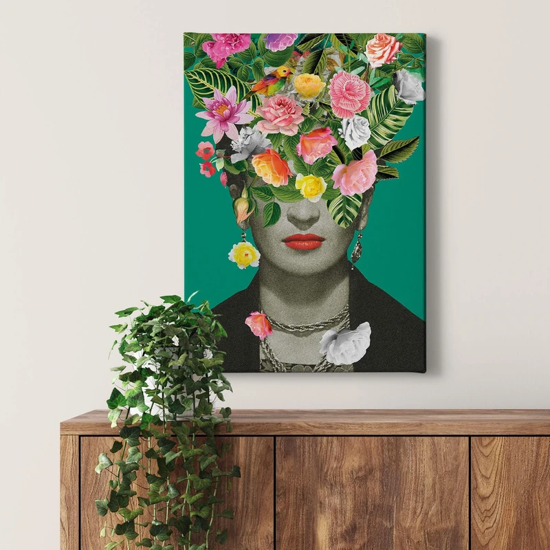 A.S. Création Canvas Painting Flower face - Multicoloured Green Art Print - 50x70 Vertical Format - Living Room Wall Decor - Picture on Frame