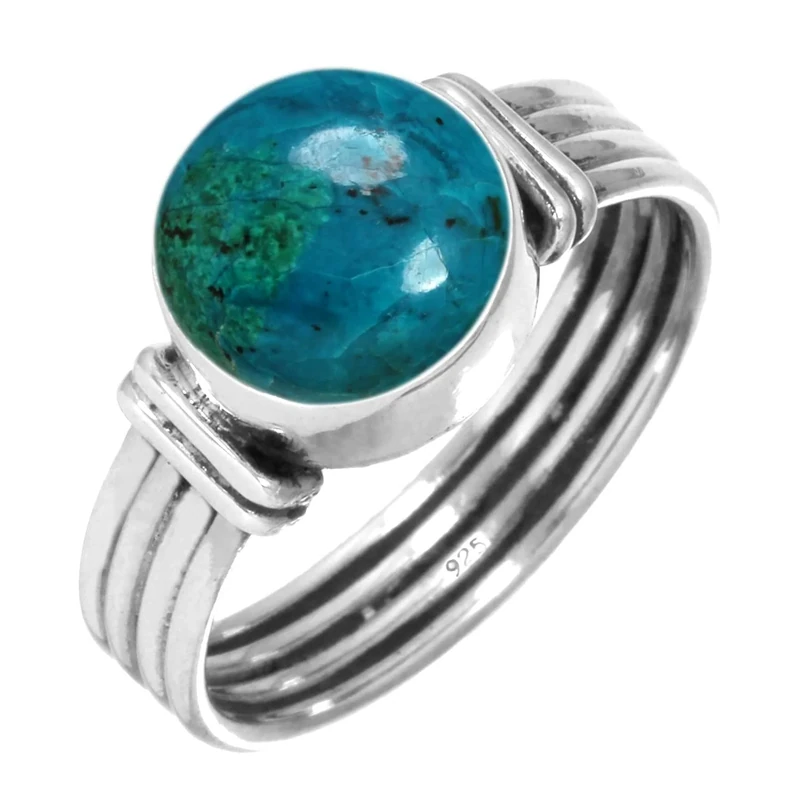 Jeweloporium Blue Chrysocolla Silver Ring Size M, 925 Sterling Silver Ring for Women, Genuine Round Gemstone Handmade Jewellery