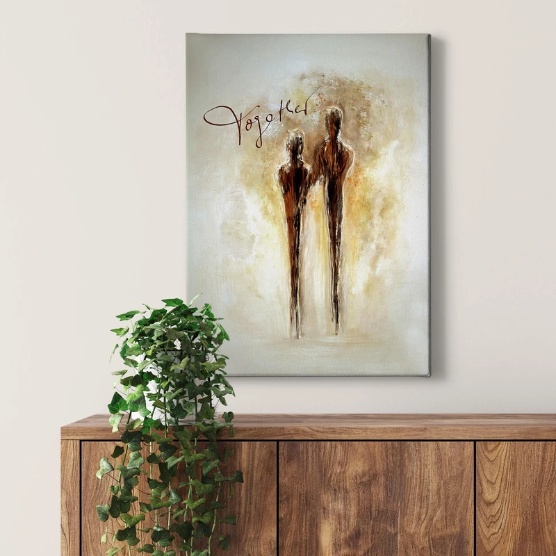 Canvas Painting Couple of Lovers - Cream Gold Art Print - 50x70 Vertical Format - Wall Decoration Sheep Bedroom - Picture on Frame - Image 1