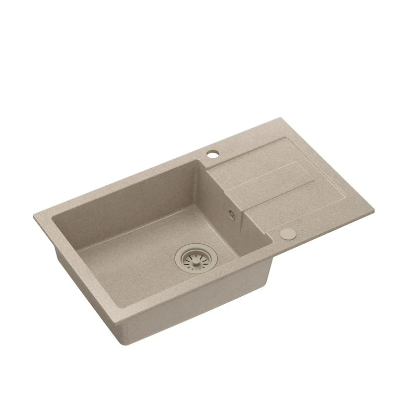 QUADRON Christian 136 XL Granite Sink, Beige Size 78 x 45 x 18.5 cm, Single Bowl Kitchen Sink with Manual Siphon and Draining Board