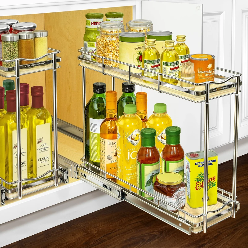 Lynk Professional® Elite™ Pull Out Cabinet Organizer - 6”x21” - Sliding Spice, Bottle Storage - Narrow Slide Out Drawers for Kitchen Cabinets, Roll Out Shelves - Wood and Chrome