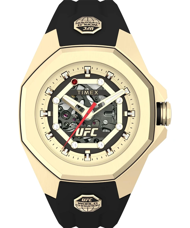 Timex Men's UFC Mechanical Street 45 mm Watch - Black PU Strap Gold-Tone Dial Gold-Tone Case TW2V86500