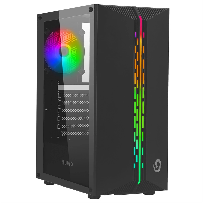 Nuwo Hoder T301 Black ATX Case for PC Desktop Office Gaming 0.50mm SPCC Fan ARGB Addressable 120mm 3*USB3.0/2.0 Front ABS with LED Strip and Tempered Glass Side Panel - Image 1