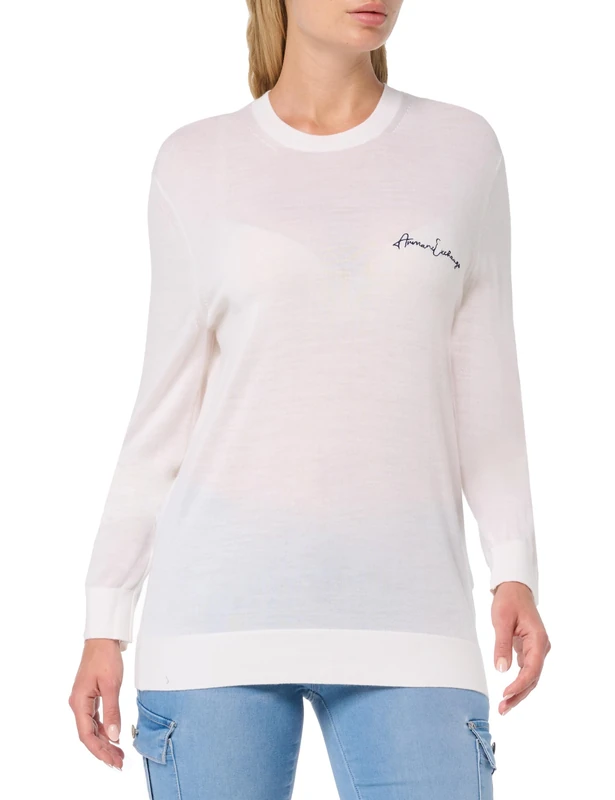 Armani Exchange Men's Merino Wool Mix Signature Logo Crew Neck Pullover Sweater, Off-White, X-Small