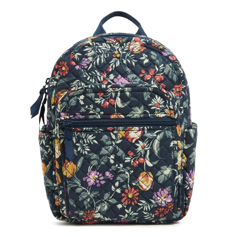 Vera Bradley Women's Cotton Small Backpack Bookbag, Fresh-Cut Floral Green, One Size