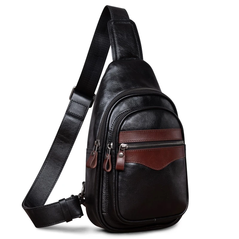 CENUNCO Genuine Leather Sling Bag for Women and Men Crossbody Backpack Chest Purse Casual Daypack Anti-Theft Travel Pouch, Black, M