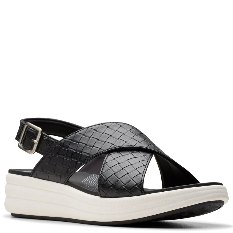 Clarks Women's Drift Sun Wedge Sandal, Black Woven Synthetic, 5.5 UK