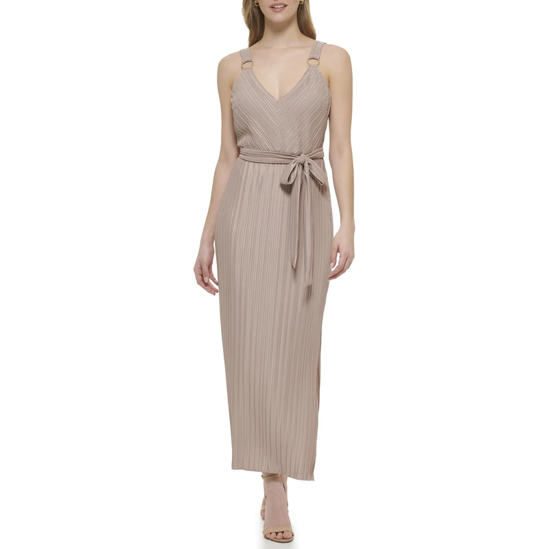 GUESS Women's Crystal Pleated Maxi Waist Tie Dress, Taupe, 14