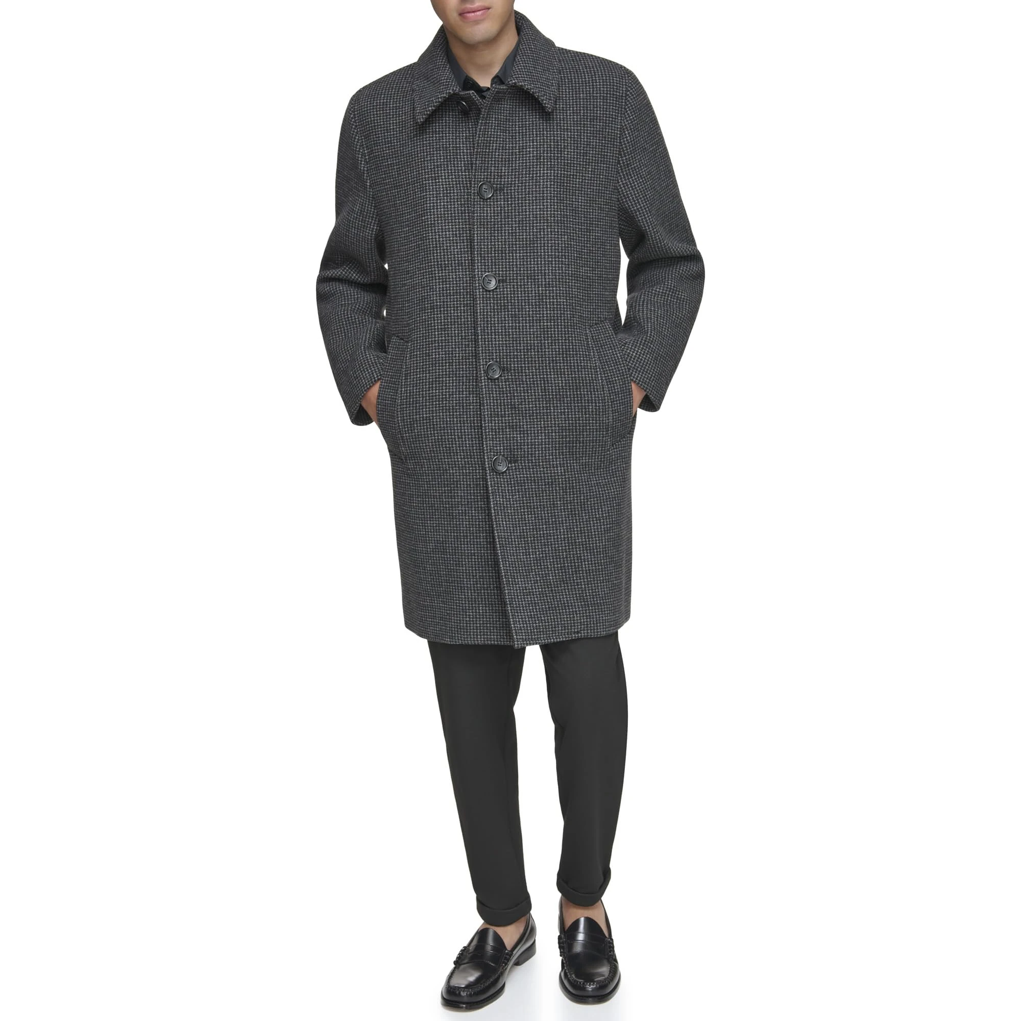 Andrew Marc Men's Wool Coat-Mid and Full Length Down Outerwear, Charcoal (Houndstooth), S