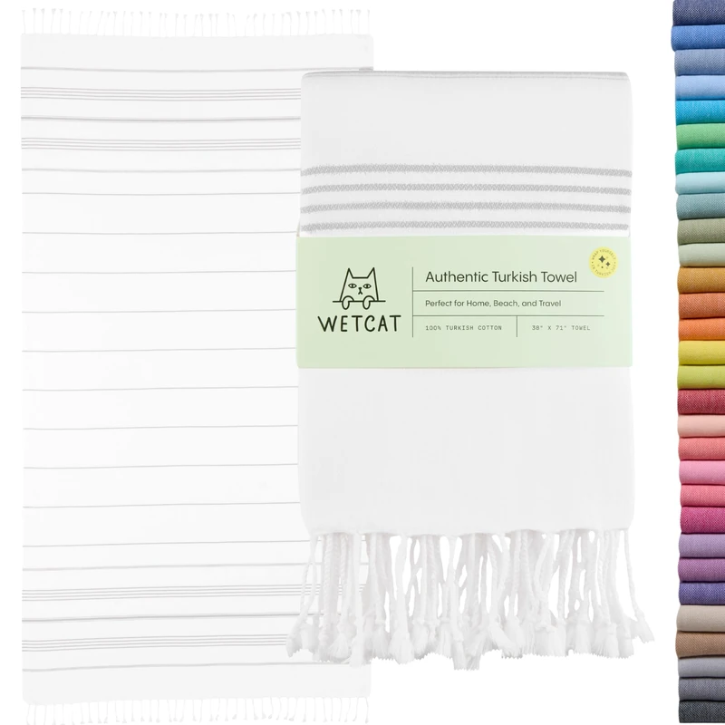 WETCAT Turkish Beach Towel Oversized 38x71 100% Cotton Sand Free Quick Dry Extra Large Light Travel Towel for Adults Beach Accessories Gifts - Grey & White