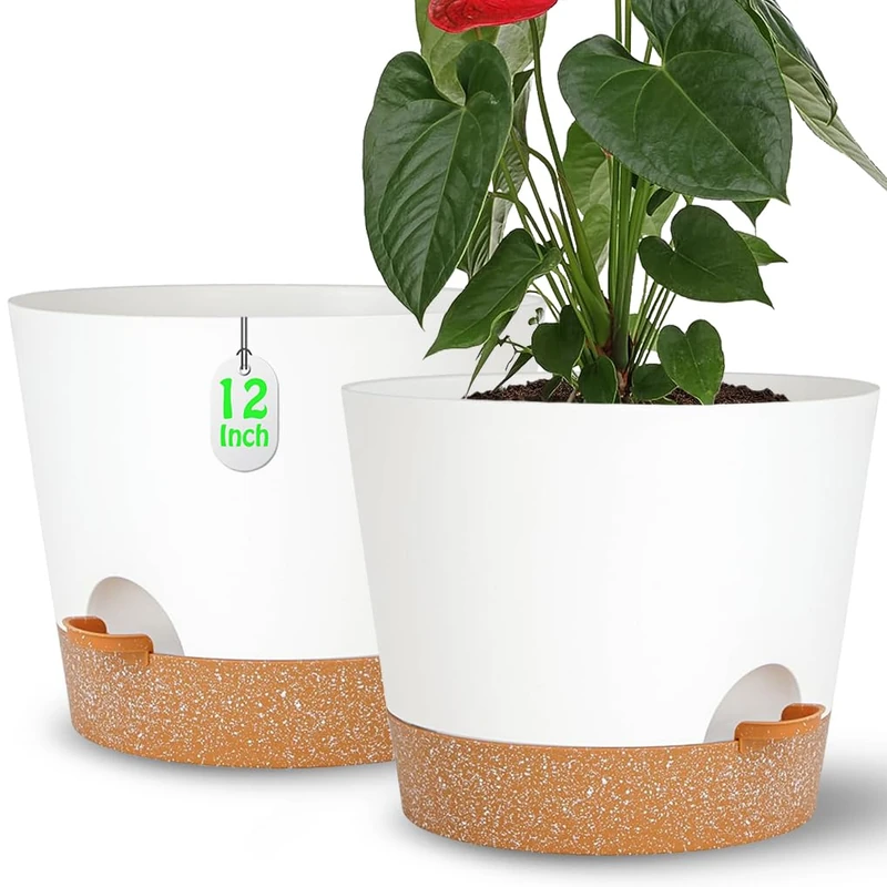 SE SUN-E 12+12Inch 2Pack Large Flower Pots for Indoor/Outdoor Plants,Self Watering Planters with Reservoir and Drainage Hole White Plastic Planting Pots Modern Home Decor Gift Idea