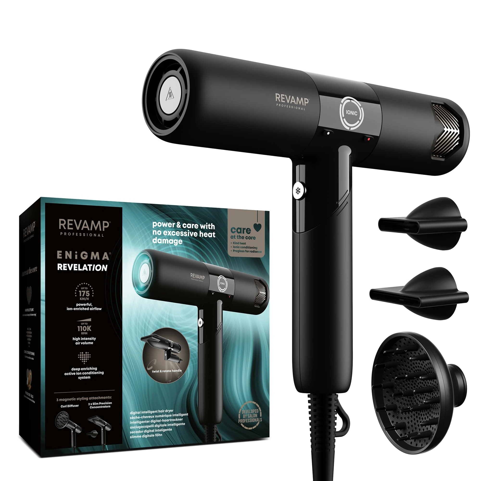 REVAMP Enigma Revelation Ionic Portable Hair Dryer, Brushless Motor for Quiet, Powerful, Fast Drying - Lightweight Blow Dryer, Cold Setting - 3 Magnetic Attachments for Salon Professional Styling