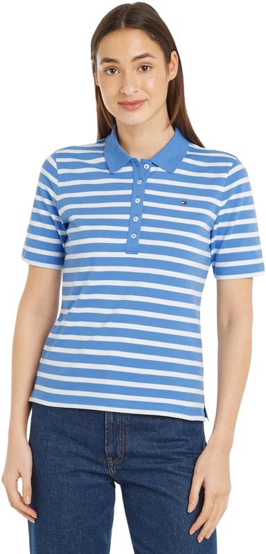 Tommy Hilfiger Women 1985 Reg Pique Stripe Polo Ss S/S Polos, Blue, XXS