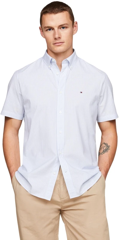 Tommy Hilfiger Men Shirt Flex Poplin Short-Sleeve, Multicolor (Cloudy Blue/Optic White), S - Image 1
