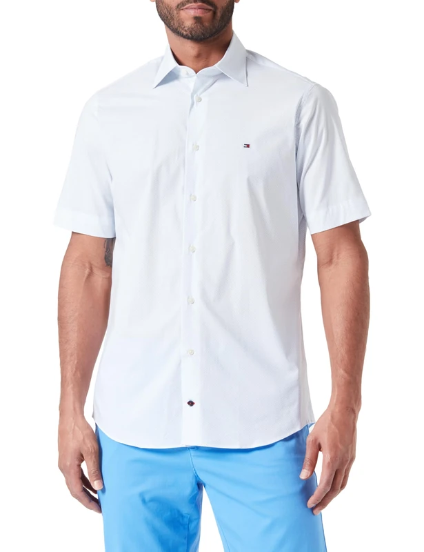 Tommy Hilfiger Men Short-Sleeve Shirt, Blue (Optic White/Light Blue), 37