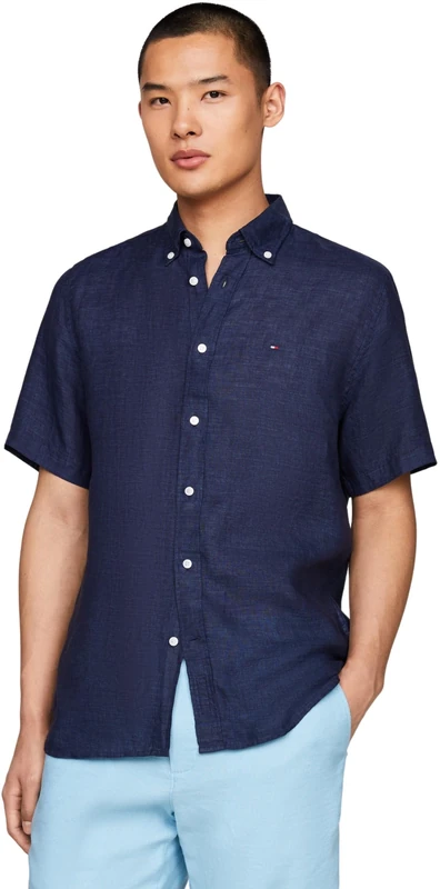 Tommy Hilfiger Men Short-Sleeve Shirt, Blue (Carbon Navy), S