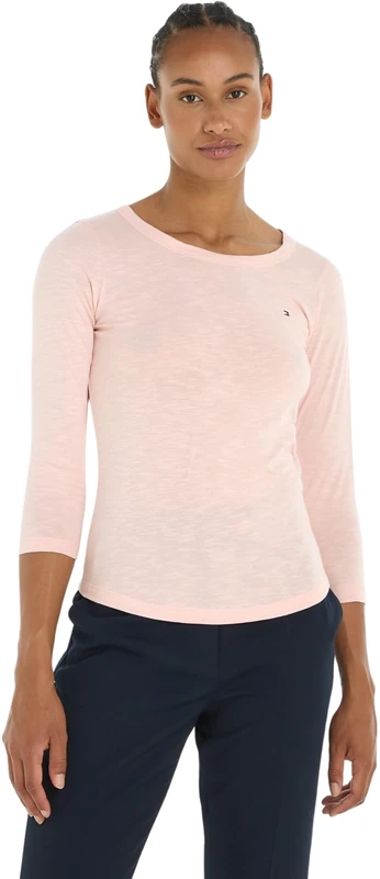 Tommy Hilfiger Women 1985 Slim Slub Open-Nk 3/4 SLV L/S Knit Tops, Pink, S