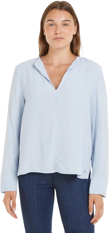 Tommy Hilfiger Women's Viscose Crepe V-Neck Blouse Ww0ww40529 Blouses, Blue (Breezy Blue), 38