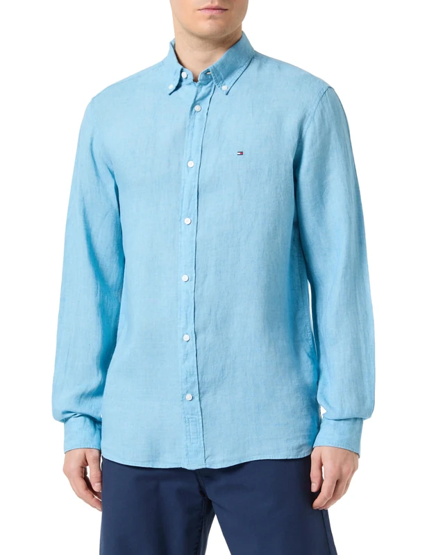 Tommy Hilfiger Men Pigment Dyed Li Solid Rf Shirt Casual Shirts, Blue, XS
