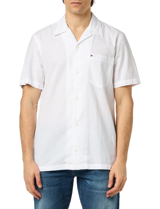 Tommy Hilfiger Men Seersucker Solid Shirt S/S Casual Shirts, White, XS