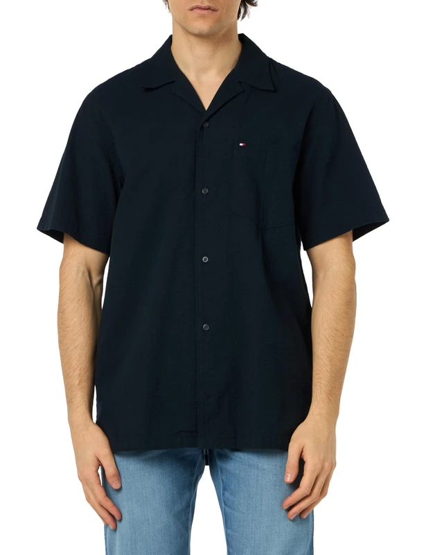 Tommy Hilfiger Men Seersucker Solid Shirt S/S Casual Shirts, Blue, L