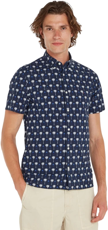 Tommy Hilfiger Men's Mini Palm Print Sf Shirt S/S Mw0mw34582 Casual Shirts, Blue (Desert Sky/Multi), M