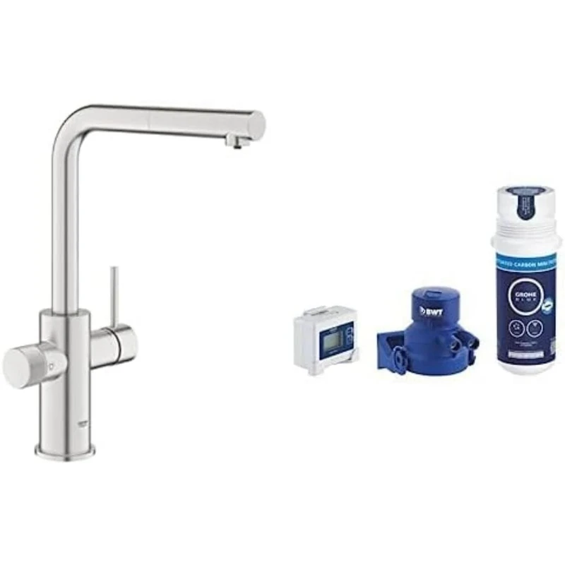 GROHE Blue Pure Minta Kitchen Sink 3 Ways Pull Out Mixer Tap with Under Sink Water Filter Activated Carbon Filter Starter Set (High L-Spout, Capacity 1500 L, Tails 3/8″, Easy to Fit), Stainless Steel