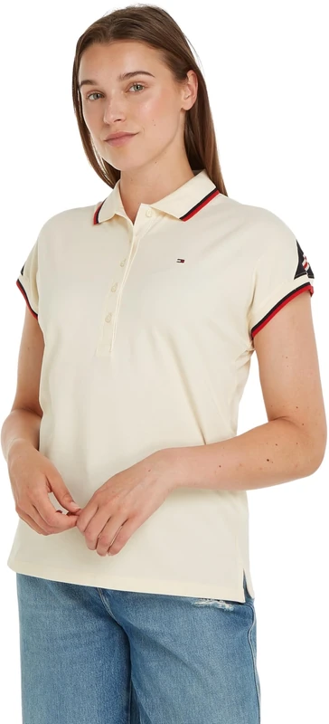 Tommy Hilfiger Women's Reg Stripe SLV Polo Cap Sleeve Ww0ww41285 S/S Polos, Beige (Calico), S
