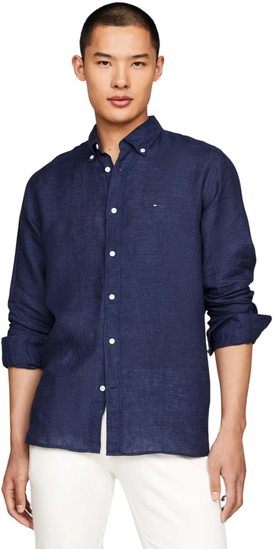 Tommy Hilfiger Men Pigment Dyed Li Solid Rf Shirt Casual Shirts, Blue, XL - Image 1