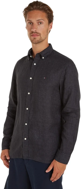 Tommy Hilfiger Men Pigment Dyed Li Solid Rf Shirt Casual Shirts, Black, XS