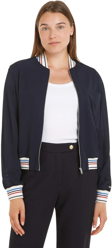 Tommy Hilfiger Women Rib Trim Ls Zip Top Blouses, Blue, 32