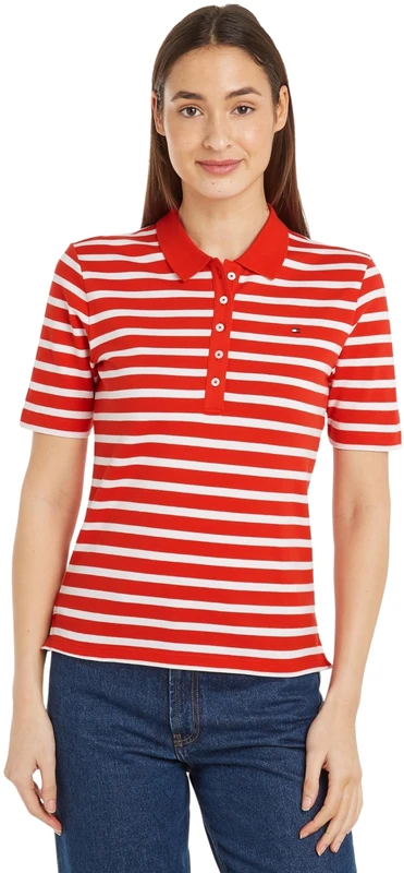 Tommy Hilfiger Women's 1985 Reg Pique Stripe Polo Ss Ww0ww39531 S/S Polos, Red (Breton Fierce Red/Ecru), L
