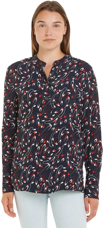 Tommy Hilfiger Women Small Ribbon Collarless Reg Ls Blouses, Blue, 38