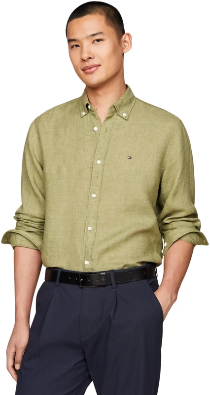 Tommy Hilfiger Men's Pigment Dyed Li Solid Rf Shirt Mw0mw34602 Casual Shirts, Green (Faded Olive), XS