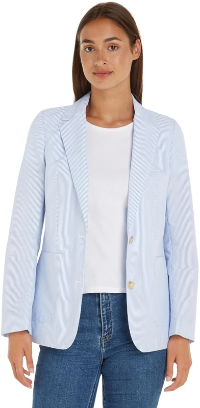 Tommy Hilfiger Women's Striped POPLIN Regular SB Blazer Ithaka STP/Breezy Blue 34