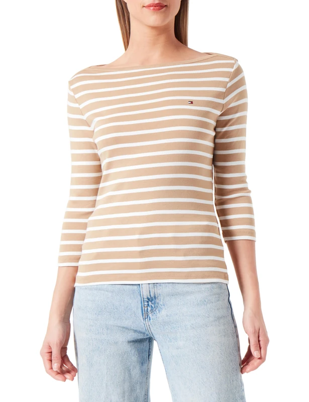 Tommy Hilfiger Women's NEW Cody Slim Boat-NK 3/4SLV WW0WW40589 S/S Knit Tops, Khaki (Breton STP/C Khaki/Ecru), XXS