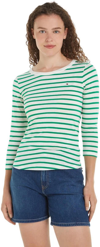 Tommy Hilfiger Women 1985 Slim Slub Open-Nk 3/4 SLV L/S Knit Tops, Green, S