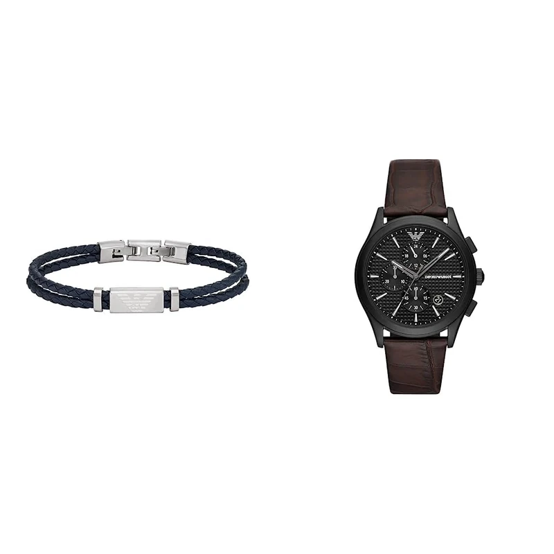 Emporio Armani Men's Stainless Steel ID Bracelet Length 196 mm + 15 mm Width 19 mm Height 9 mm, Length: 196mm +15mm, Width: 19mm, Height: 9mm, No gemstone + Men Analog Quartz Watch with Leather Strap