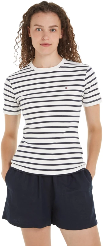 Tommy Hilfiger Women’s Short Sleeve Round Neck New Slim Cody T-Shirt, Multicolor (Breton Ecru/Desert Sky), XXS