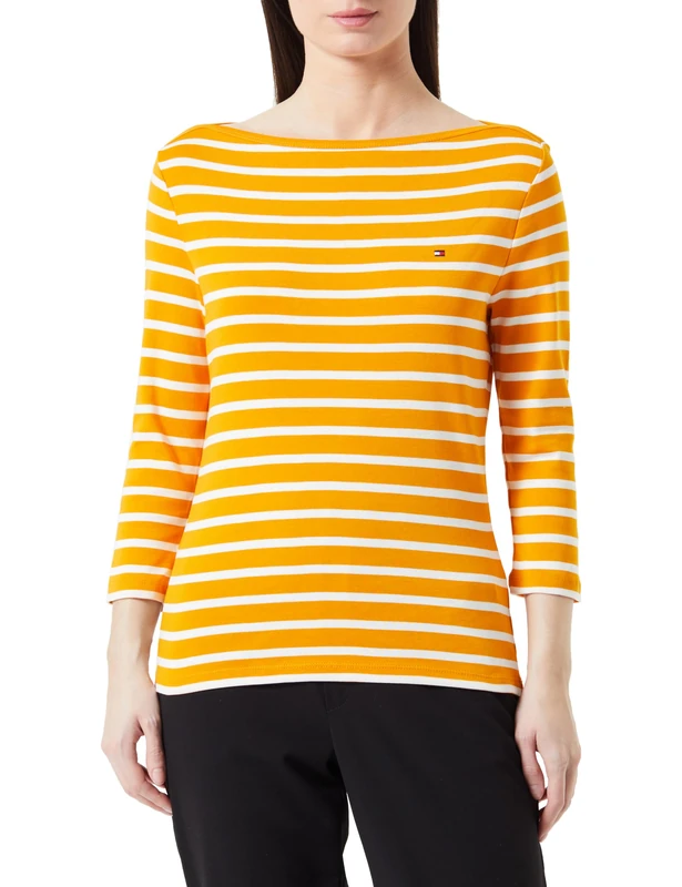 Tommy Hilfiger Women's NEW Cody Slim Boat-NK 3/4SLV WW0WW40589 S/S Knit Tops, Khaki (Breton STP/Rich Ochre/Ecru), XS