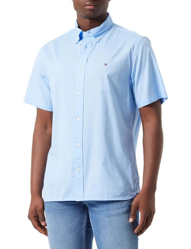 Tommy Hilfiger Men Flex Poplin Rf Shirt S/S Casual Shirts, Blue, S