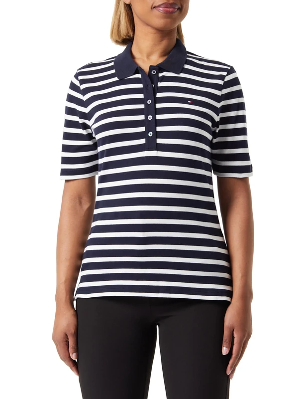 Tommy Hilfiger Women's 1985 Reg Pique Stripe Polo Ss Ww0ww39531 S/S Polos, Blue (Breton Desert Sky/Ecru), XS