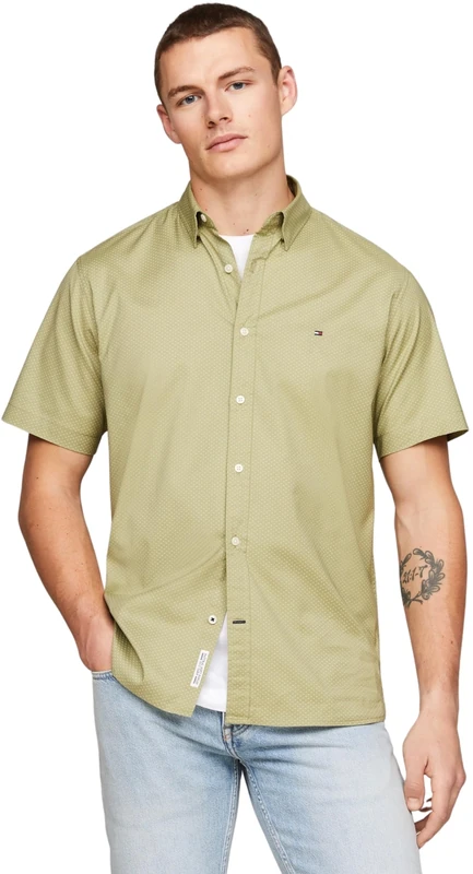 Tommy Hilfiger Men Short-Sleeve Shirt, Green (Faded Olive/Optic White), S
