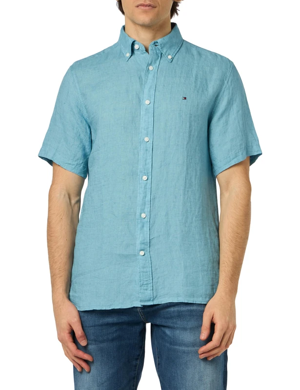 Tommy Hilfiger Men Pigment Dyed Linen Rf Shirt S/S Casual Shirts, Blue, M