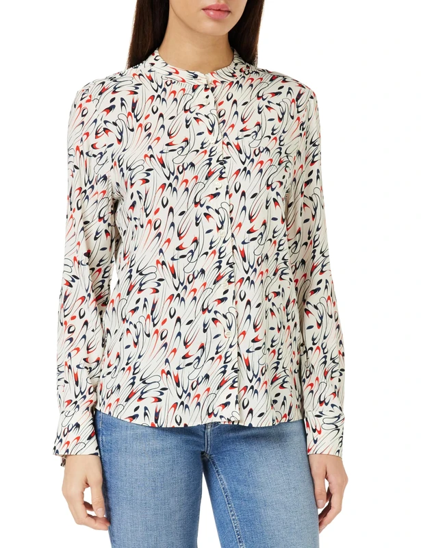 Tommy Hilfiger Women Small Ribbon Collarless Reg Ls Blouses, White, 40