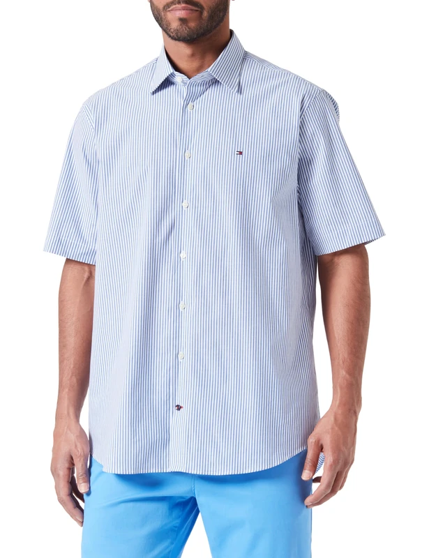 Tommy Hilfiger Men Cl Str Fine Poplin STP Shirt S/S Dress Shirts, Blue, 46W