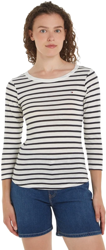 Tommy Hilfiger Women 1985 Slim Slub Open-Nk 3/4 SLV L/S Knit Tops, White, XXS