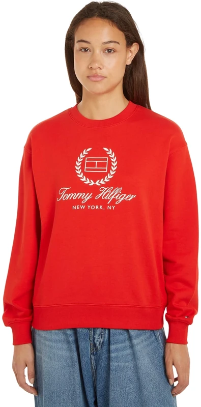 Tommy Hilfiger Women's REG FLAG SCRIPT CNK SWTSHRT Fierce Red M