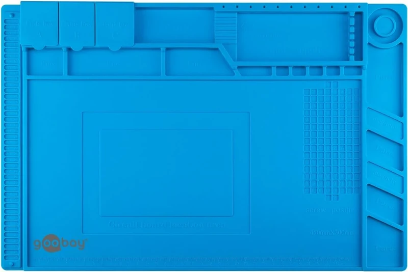 goobay 61670 Magnetic Silicone Soldering Mat, Odourless Work Mat, Soldering, Repairing and Crafting, Non-Slip Heat Resistant Work Mat, Integrated Ruler, 45 cm x 30 cm x 0.06 cm, Blue